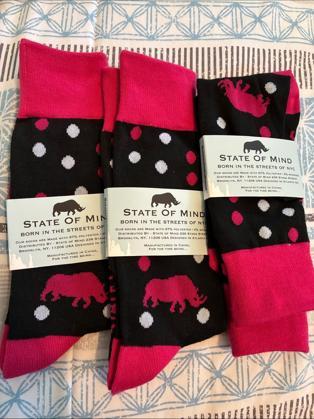 State of Mind Black Crew Socks with Pink and White Dot & Rhino Motifs - 3 Pack